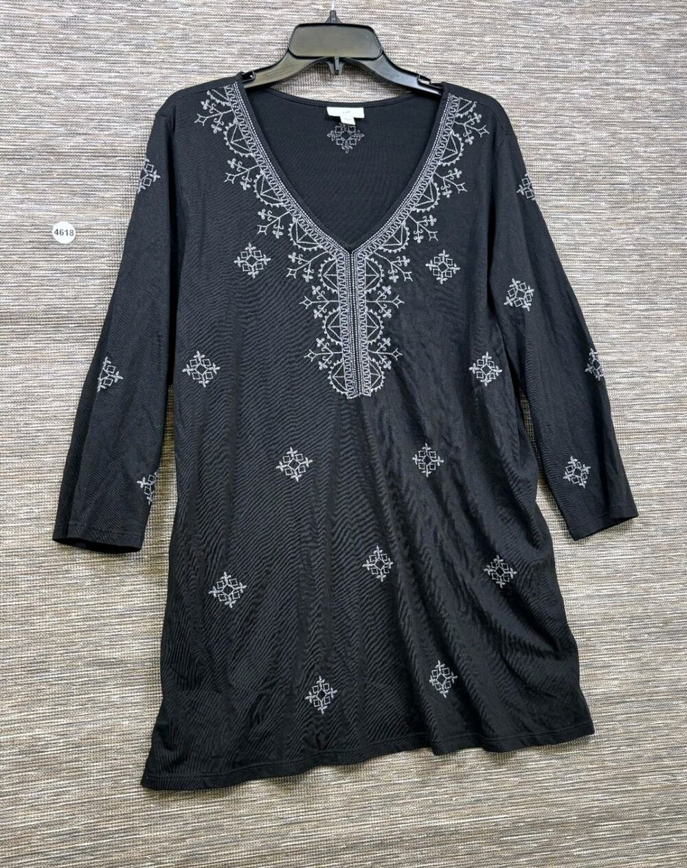 J Jill Black Tunic Shirt Embroidered 3/4 Sleeve V-Neck Top Womens Size L Black